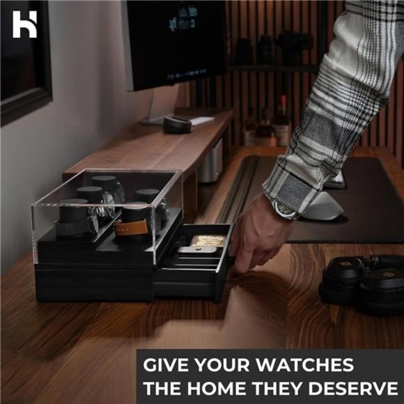 Watch Box Organizer for Men - 5 Pillar Watch Holder with Acrylic Cover, Black - Picture 2 of 6